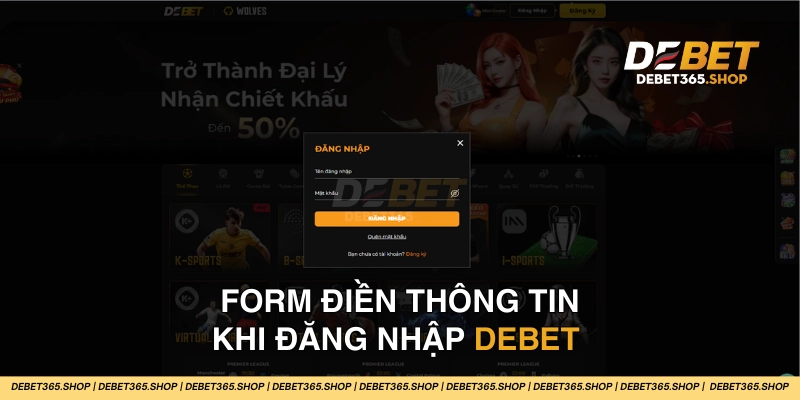 Giao diện điền thông tin đăng nhập DEBET